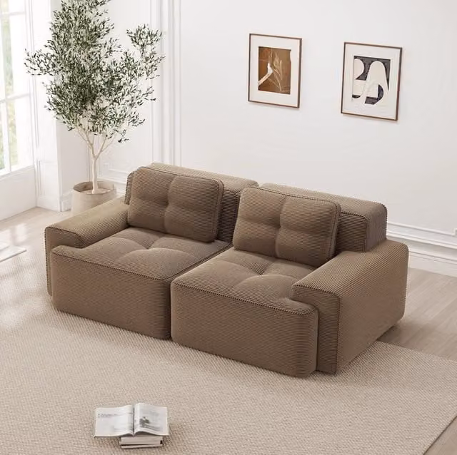 Divano modulare 74 cm con seduta profonda; schienale curvo; corduroy marrone