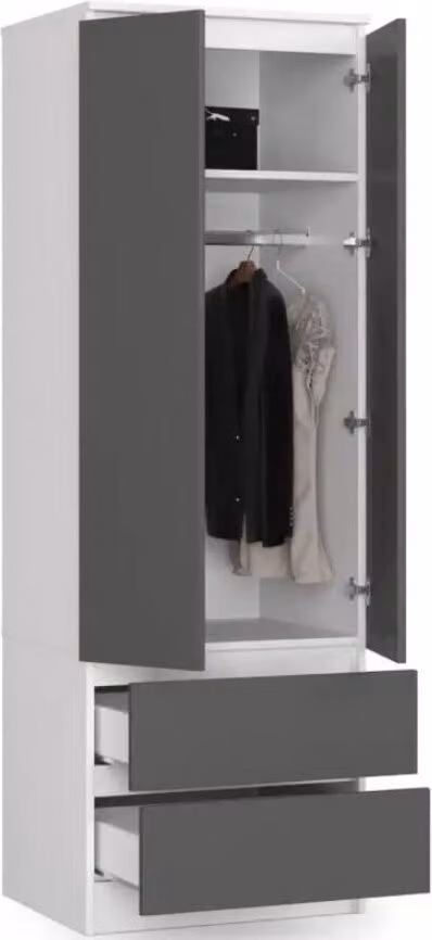 BDW, armadio 2 ante 2 cassetti, 180x60x51 cm, bianco/grigio