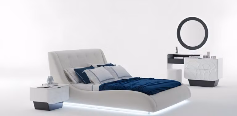 Set da camera da letto: comodino, letto, cassettiera, colore bianco, stile moderno, nuovo
