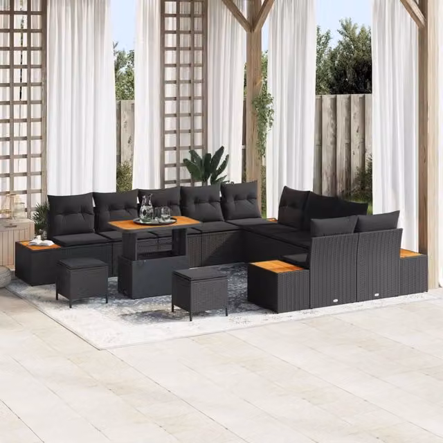 Set Divano da Giardino vidaXL a Forma a U con 13 Pezzi, Nero, con Cuscini e Tavolino da Caffè per Terrazza o Giardino