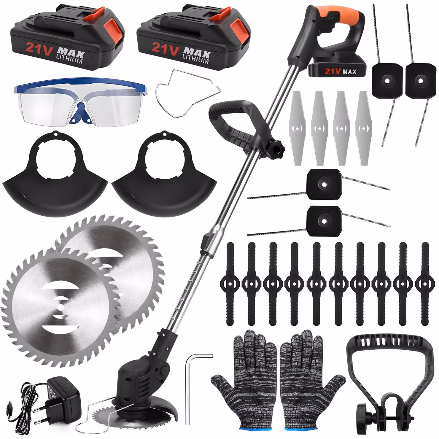 Tagliabordi a batteria 21V - 2 batterie, 4 lame, manico telescopico - Leggero e potente