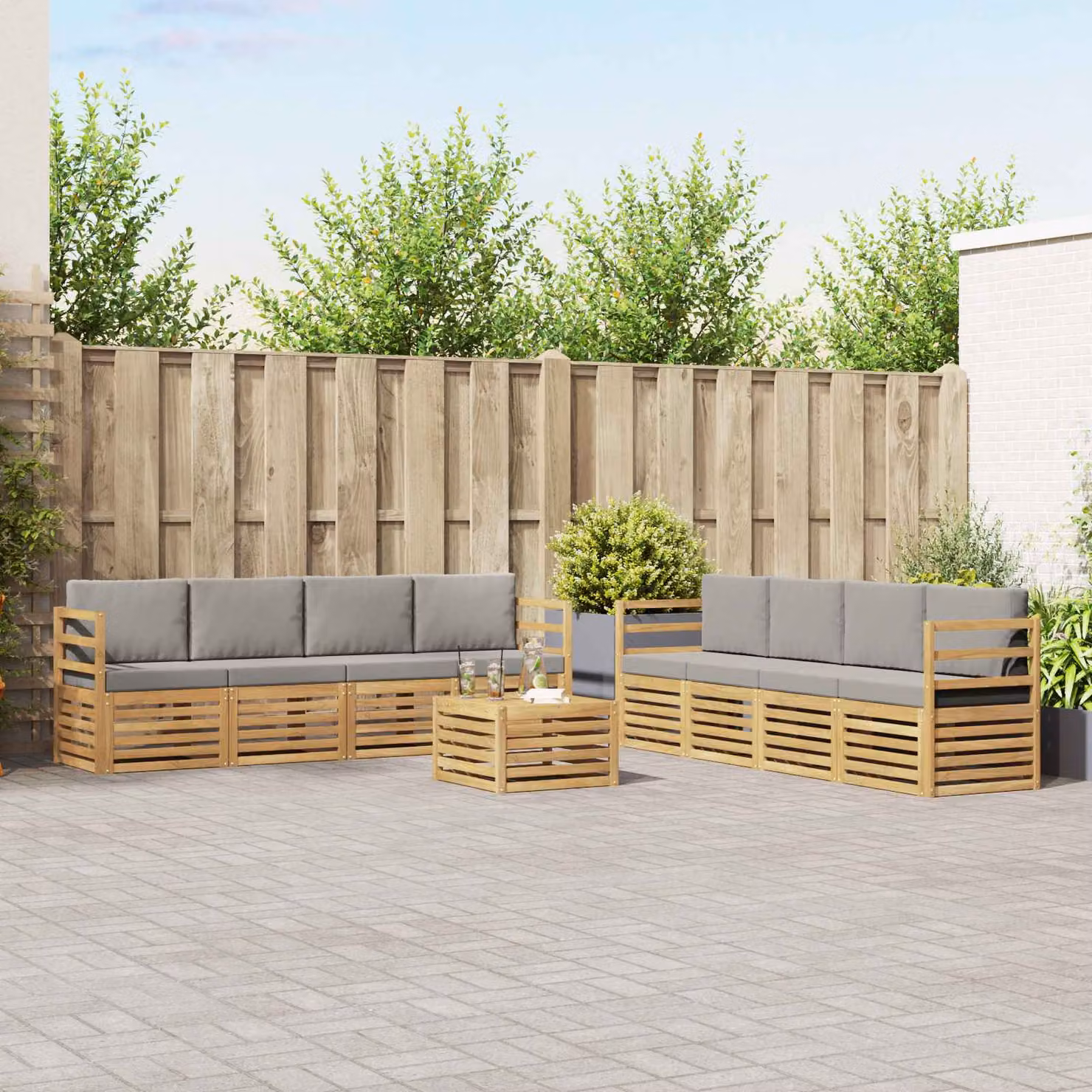 Set di divani da esterno vidaXL 9 pz in legno di acacia con tavolino, colore bianco e grigio