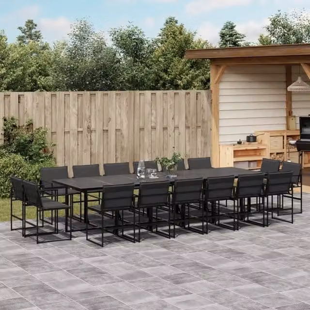 Set da pranzo da giardino moderno vidaXL in acciaio nero e grigio con tavolo rettangolare in vetro e 17 pezzi