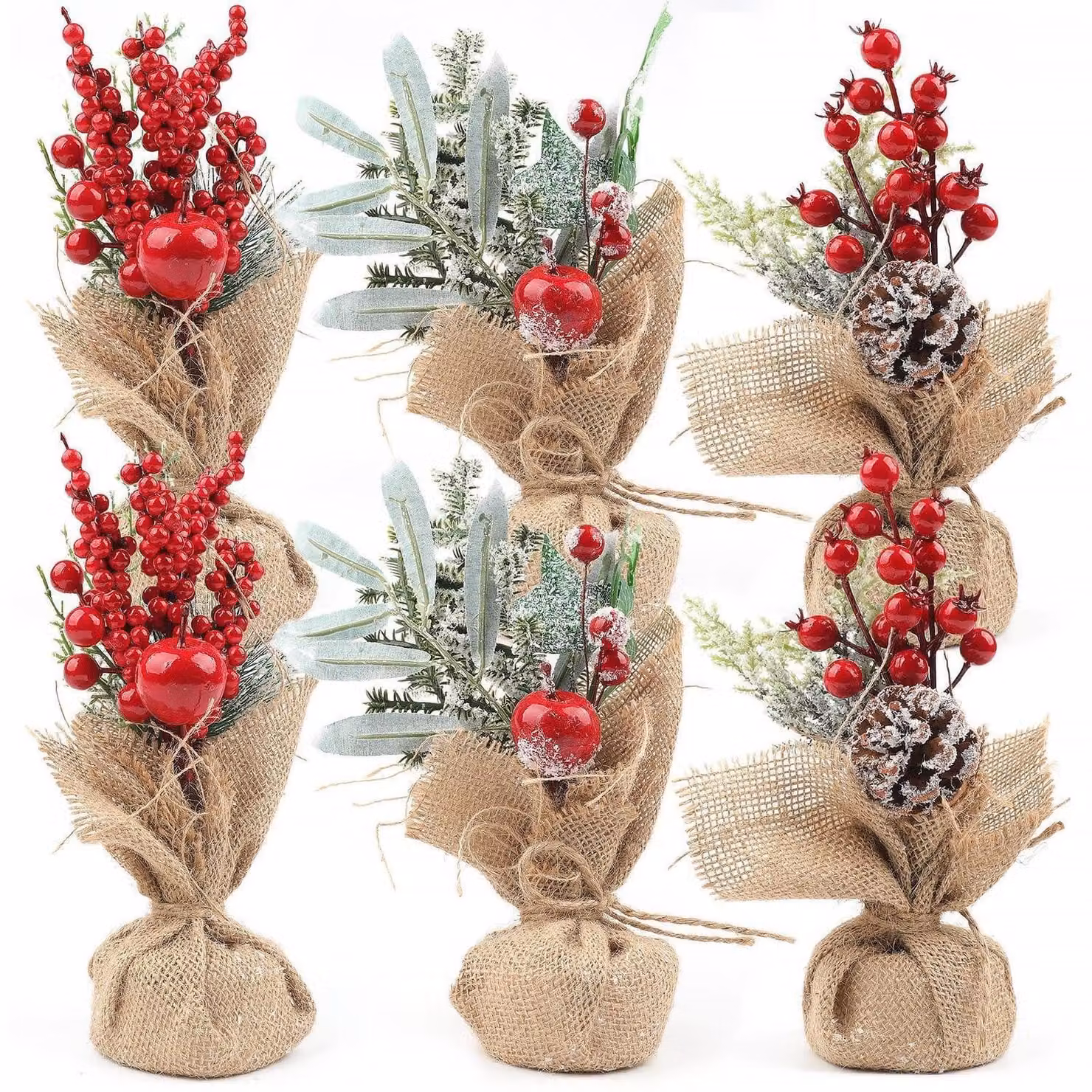 Mini albero di Natale decorativo da tavolo, artificiale, set da 6, altezza 25 cm, con base in legno