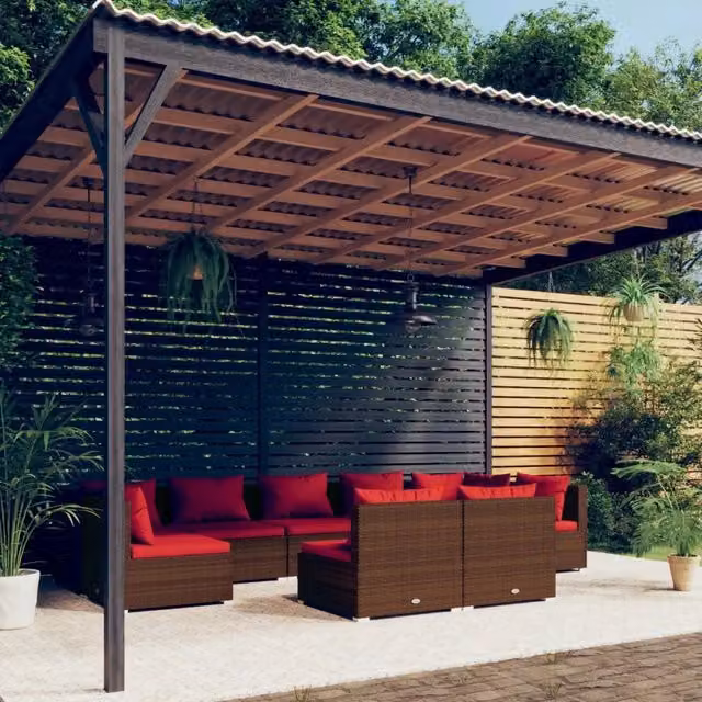 Set di divani da giardino a forma di L vidaXL composto da 9 pezzi con cuscini in tessuto marrone e rosso e struttura in metallo rivestita in rattan