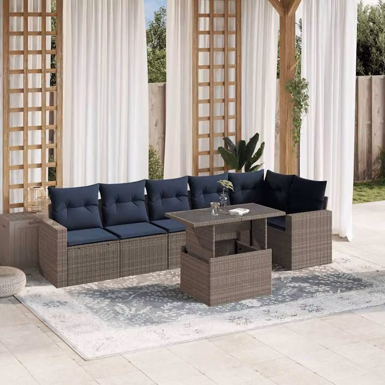 Set di divani da giardino vidaXL 7 pezzi in rattan con cuscini grigi e blu e struttura in metallo per esterno