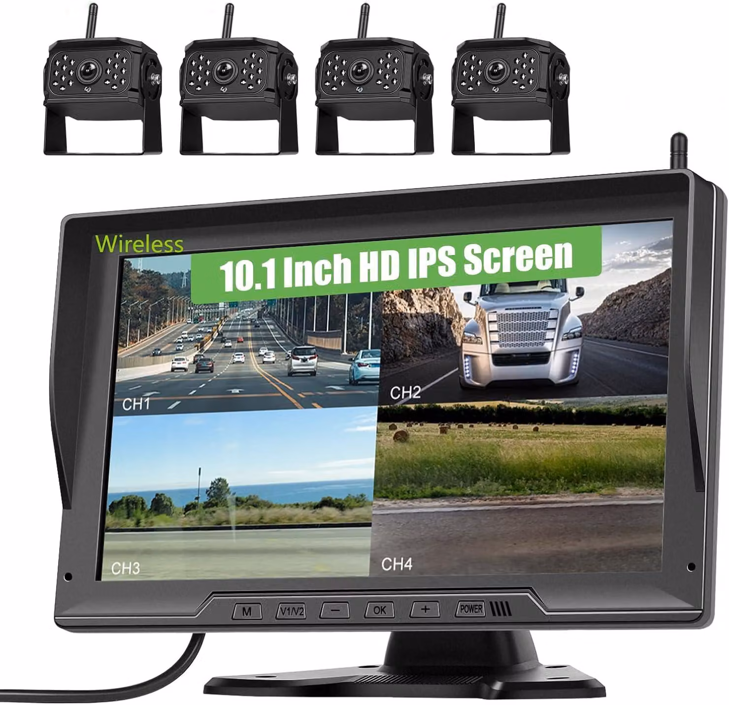 Telecamera di retromarcia wireless digitale, con 4 telecamere, monitor IPS HD da 10,1 pollici per la visualizzazione simultanea di più immagini, con funzione di registrazione, visione notturna e monitor DVR