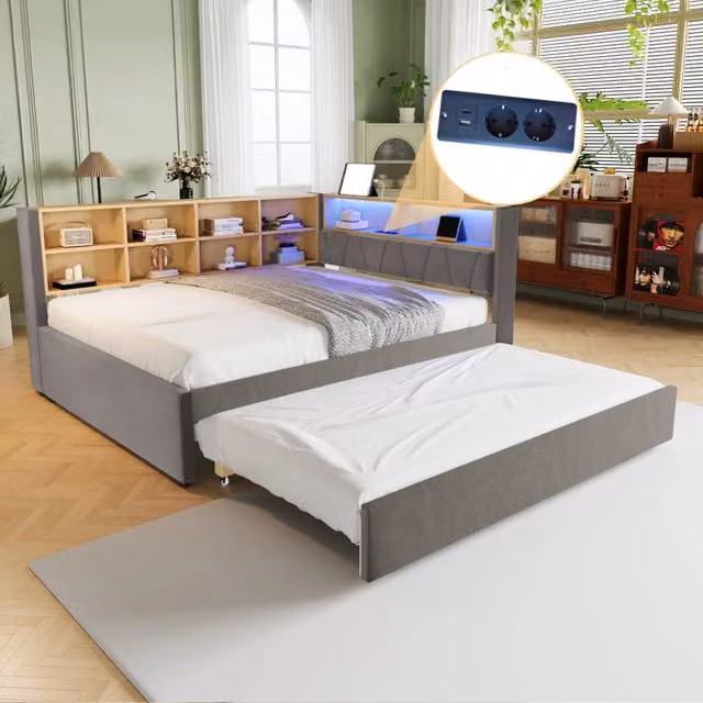 Letto divano OKWISH grigio con letto estraibile, illuminazione LED sottostante, porte USB e Type-C, L/P/H: 213 x 140 x 98 cm