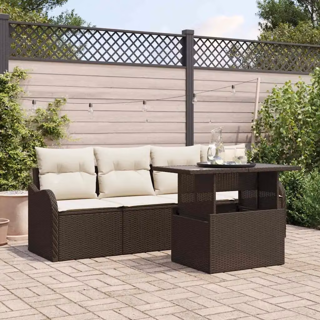 Set Divano da Giardino a L vidaXL 5 Pezzi con Tavolino e Cuscini Marrone e Bianco – 1