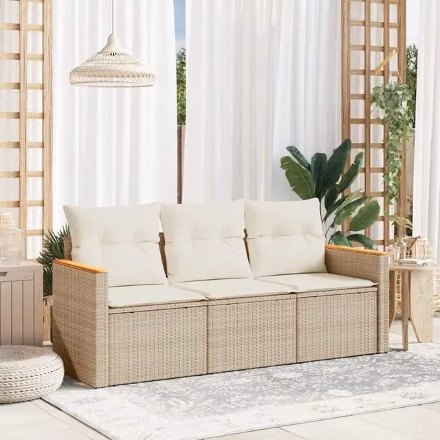 Set Divano da Giardino 3 pz con Cuscini-Sofa da Giardino-Divanetto da esterno Beige in Polyrattan 682254