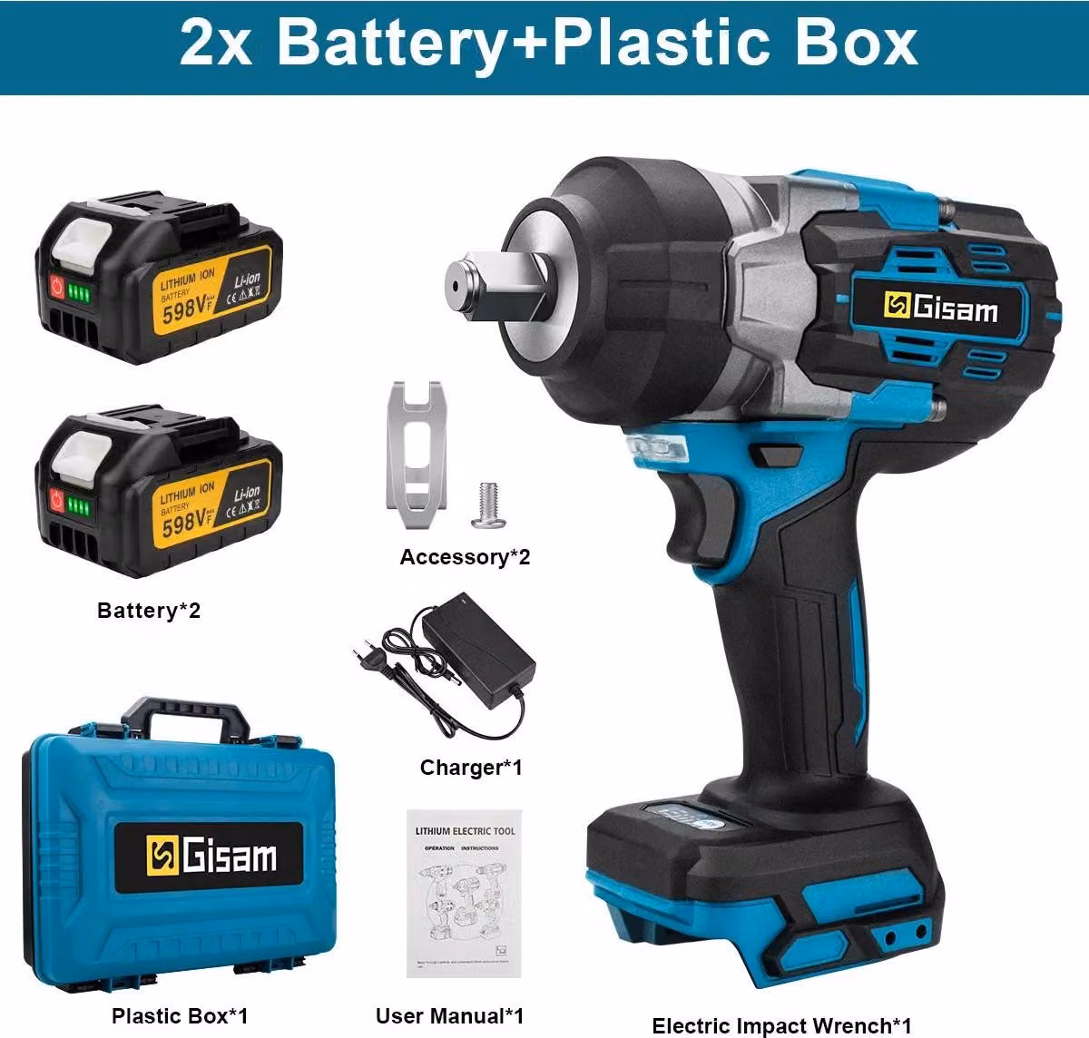 Avvitatore a impatto - Avvitatore a impatto a batteria - Coppia di 2800 Nm - Attacco quadrato da 1,27 cm - Motore brushless - 2 batterie da 18 V - Valigetta in plastica - Marrone