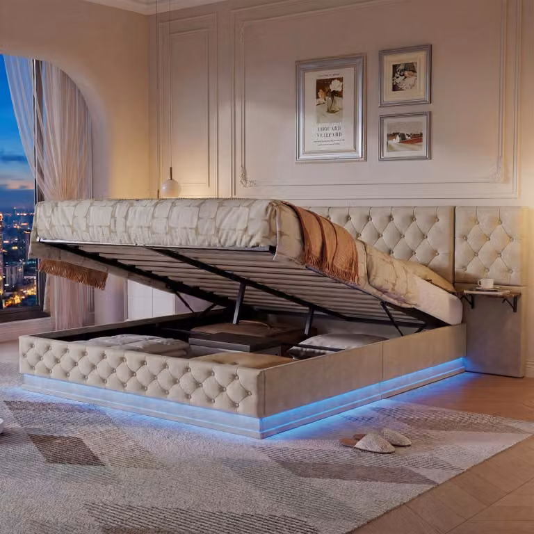 Letto imbottito UnboxG, dimensioni 160x200 cm, con cassettiera a sollevamento idraulico, testiera con spazio contenitivo e comodini ribaltabili, illuminazione LED, porte USB, connettore Type-C e funzione di ricarica wireless, rete a doghe, lenzuola, color