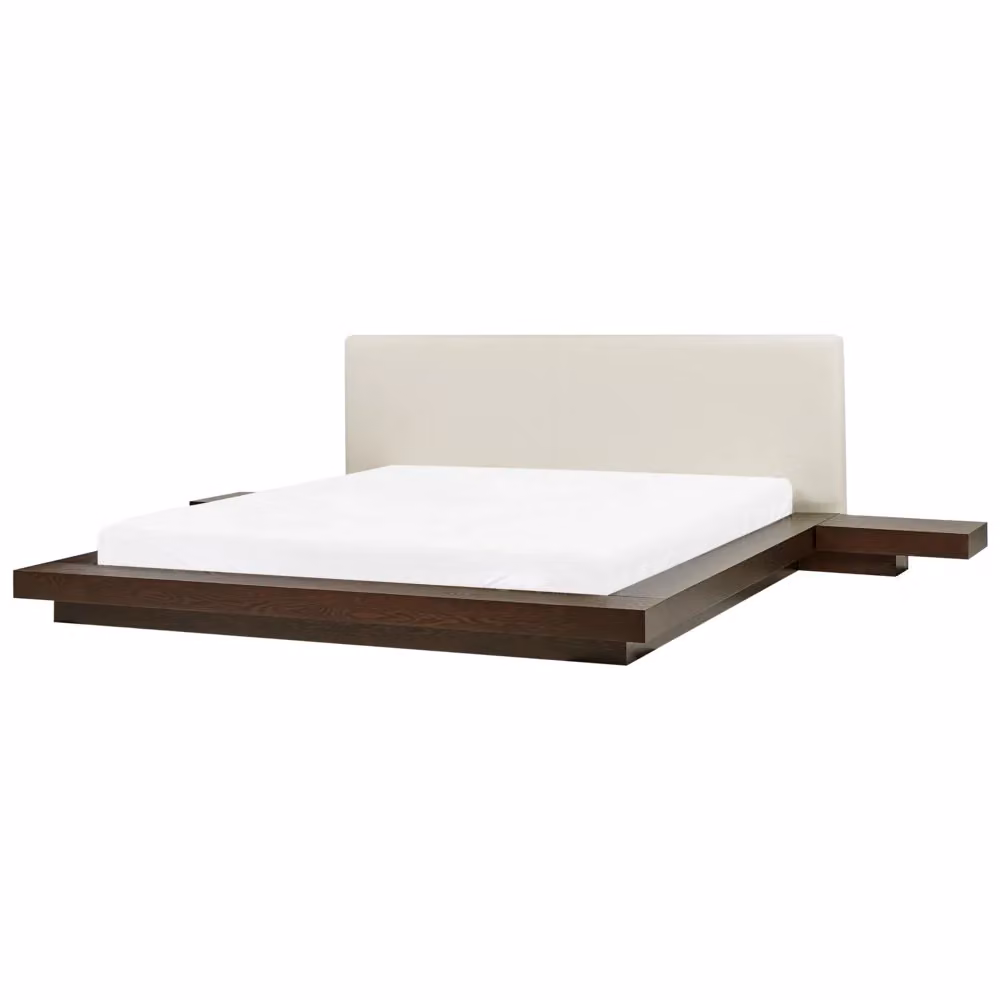 Letto BELIANI in stile giapponese con illuminazione LED e ripiani laterali, colore marrone frassino, testata in ecopelle e legno MDF, L/P: 180 x 200 cm – 2
