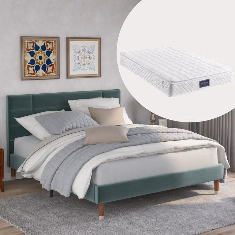 okwish Letto imbottito, Letto matrimoniale con rete, 140x200 cm, struttura imbottita con testiera, Velluto, per adulti e ragazzi, Verde (con materasso)