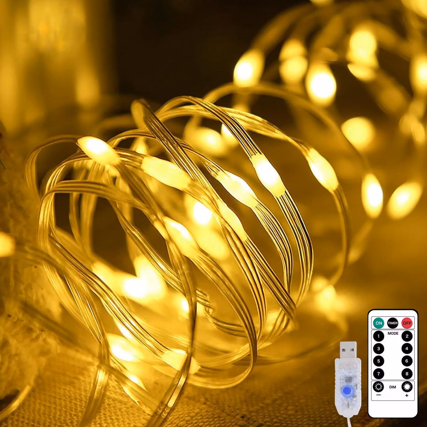 Catena luminosa a LED, 10 metri, 100 LED bianco caldo, alimentazione USB, con telecomando