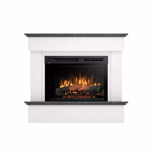 Camino Elettrico Riscaldante Autoportante con LED OUTINFIRE, Bianco Opaco e Marmo Nero, L 108 cm x P 93 cm x H 33,5 cm – 2