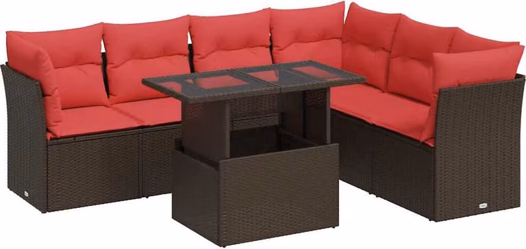 Set Divani da Giardino 7pz con Cuscini Marrone Polyrattan Acacia