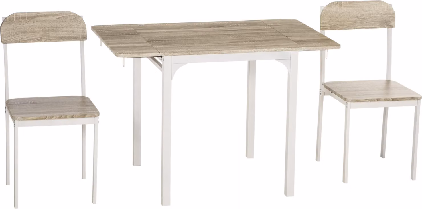 3 set da pranzo TLG con 2 sedie e 1 tavolo pieghevole 120 x 60 x 75 cm acciaio MDF bianco naturale ideale per cucina e sala da pranzo