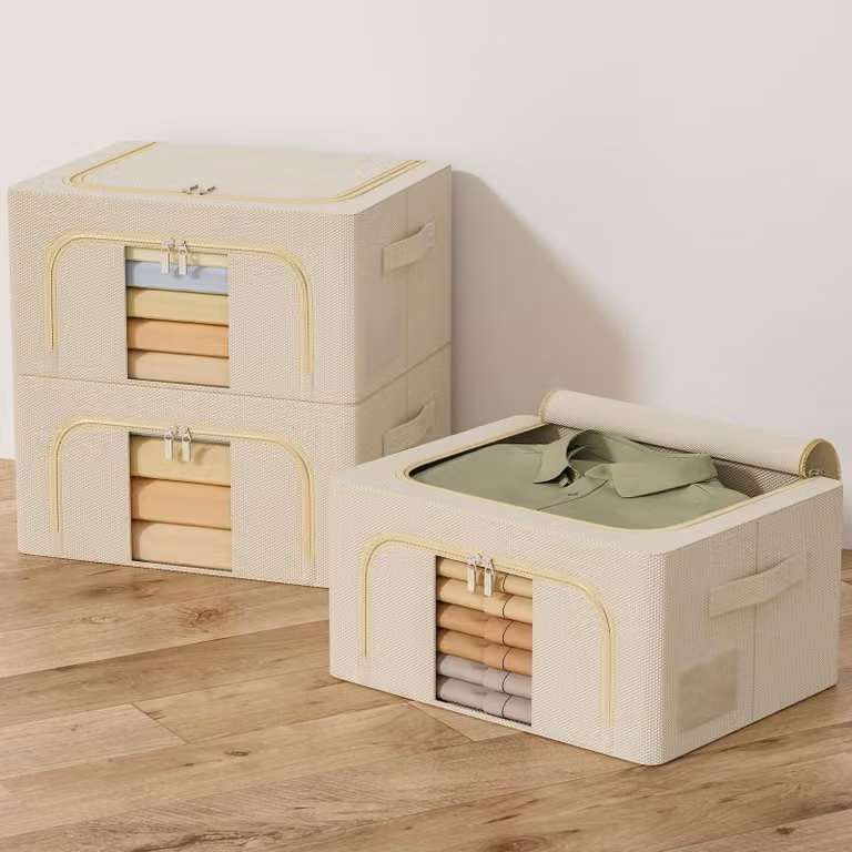 Omgoods - Sacchetti portaoggetti impilabili con struttura in metallo - Contenitore pieghevole per abbigliamento, beige, 24 litri