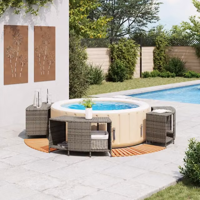 Bordo per Spa vidaXL in Polyrattan Grigio e Legno di Acacia Oliato