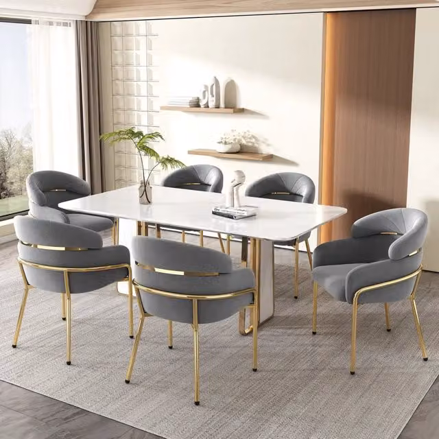 Set di 6 sedie da pranzo moderne in velluto grigio con quattro gambe in metallo per soggiorno o camera da letto