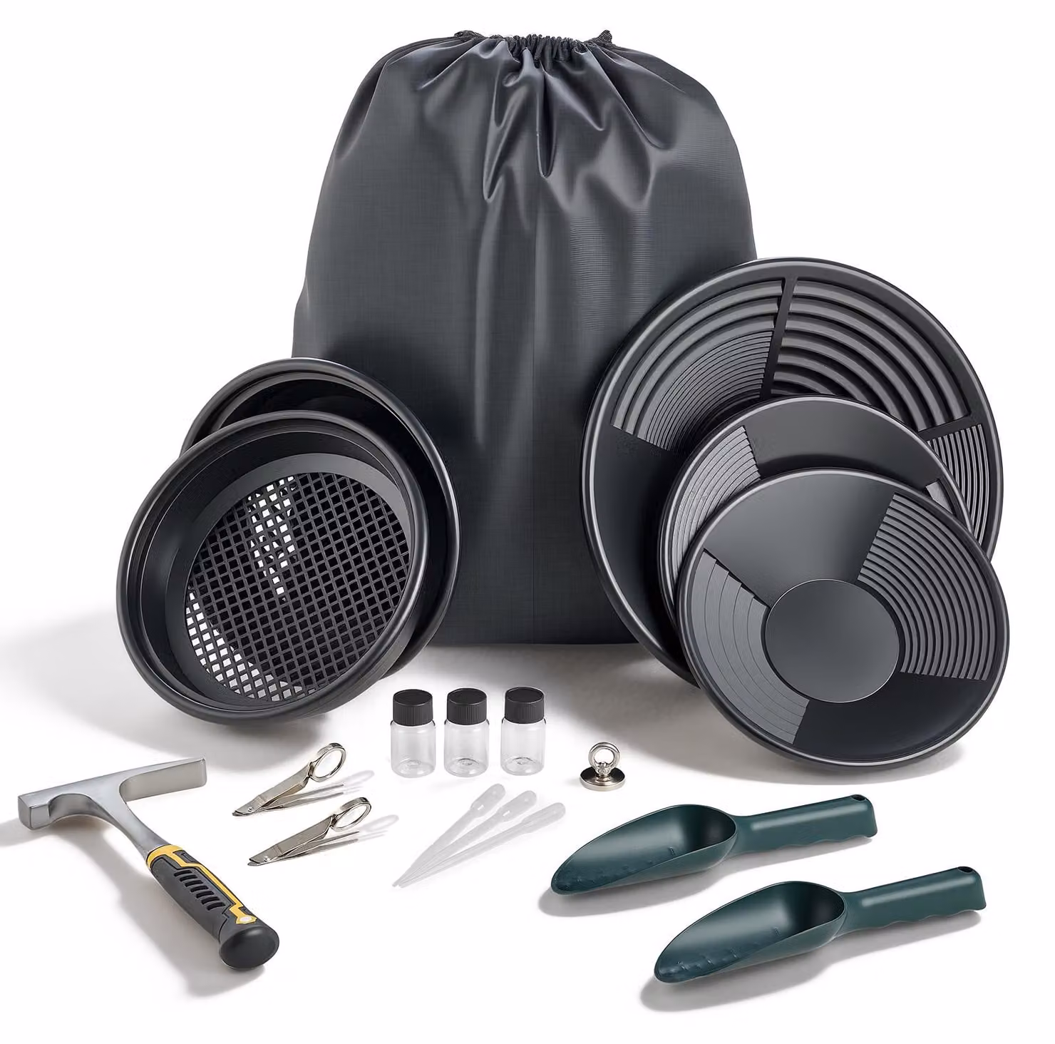 SucceBuy Padella per la ricerca dell'oro 10 e 14 pollici, set da 19 pezzi, portatile, con setacci di classificazione, magnete per sabbia, piccone, pale, zaino e accessori, set per la ricerca dell'oro, nero
