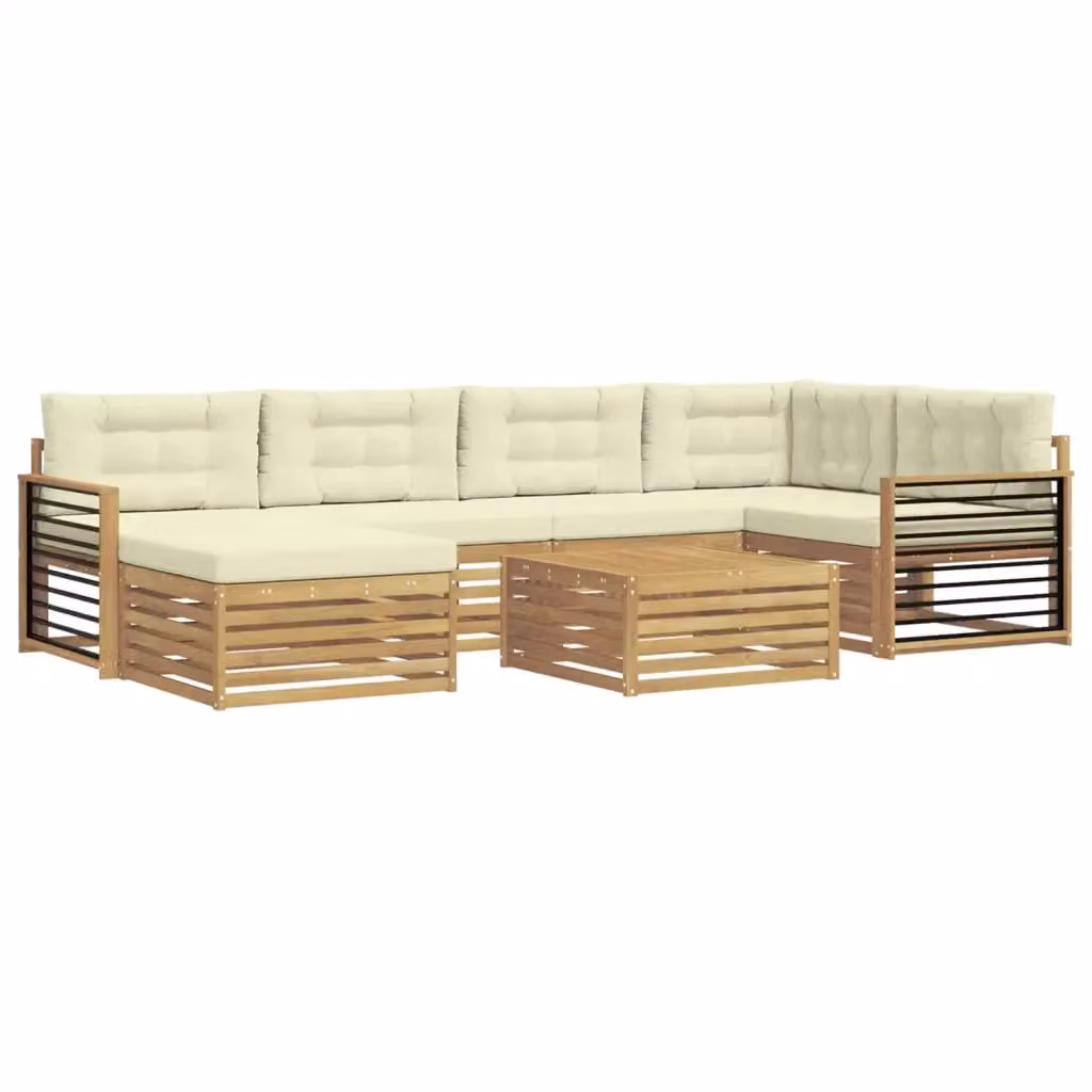 Set di divani da esterno vidaXL a forma di L composto da 7 pezzi in legno di acacia con cuscini bianchi e beige – 2
