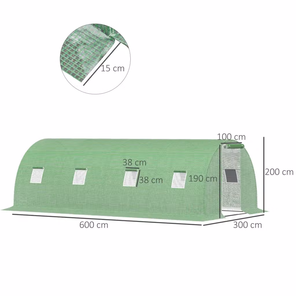 Serra a tunnel WISHDOR verde con struttura in acciaio galvanizzato, finestra, porta avvolgibile e copertura in plastica, L/P/H: 600 x 300 x 200 cm – 2