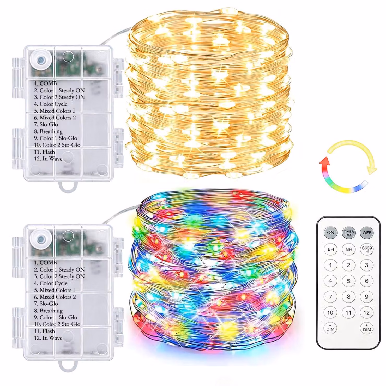 Set di 2 catene luminose, 100 LED, 10 metri, luce bianco caldo e colorata, con dimmer e telecomando