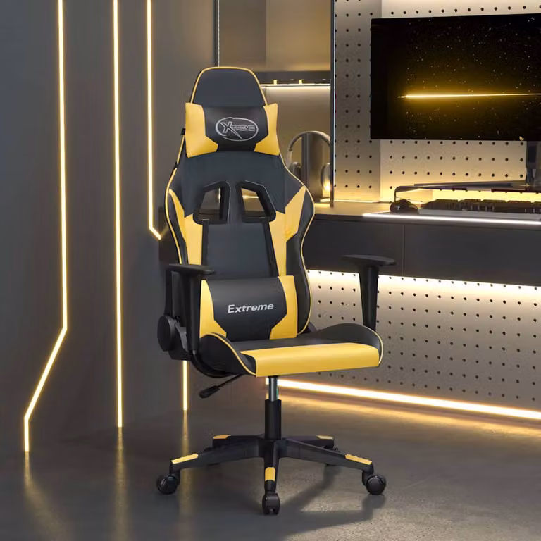 Sedia da Gaming vidaXL con Massaggio, Nero e Oro in Similpelle, con Poggiatesta e Ruote, Girevole a 360 Gradi, L/P/H: 66,5 x 61,0 x 127,5 cm
