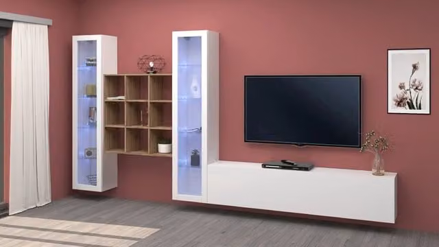 Parete attrezzata Onir WH bianca con mobile TV e libreria in legno rovere con 2 vetrine per il tuo soggiorno