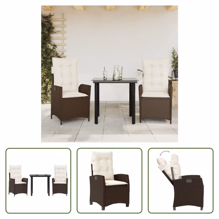 The Living Store Set da pranzo da giardino in 3 pezzi con cuscini in poly rattan marrone