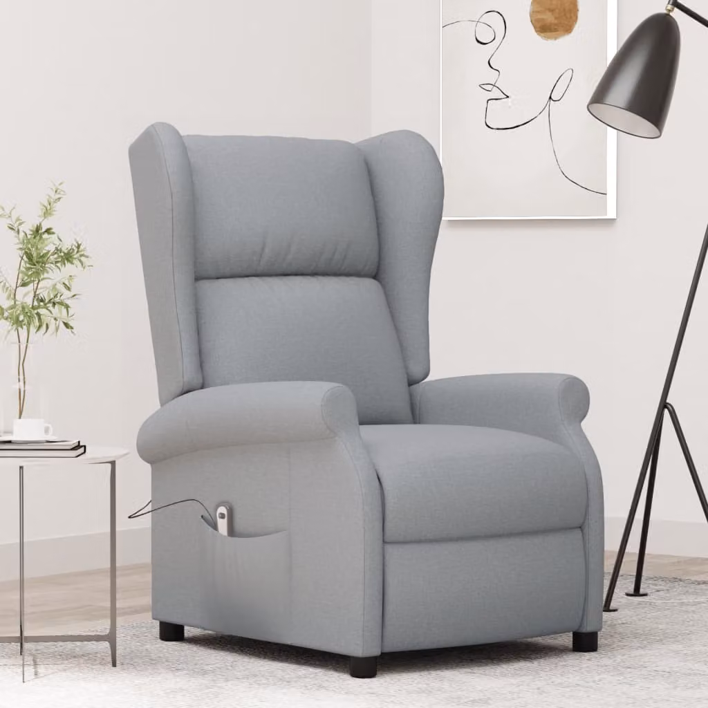 Poltrona reclinabile elettrica, colore grigio chiaro, rivestita in tessuto, design esclusivo
