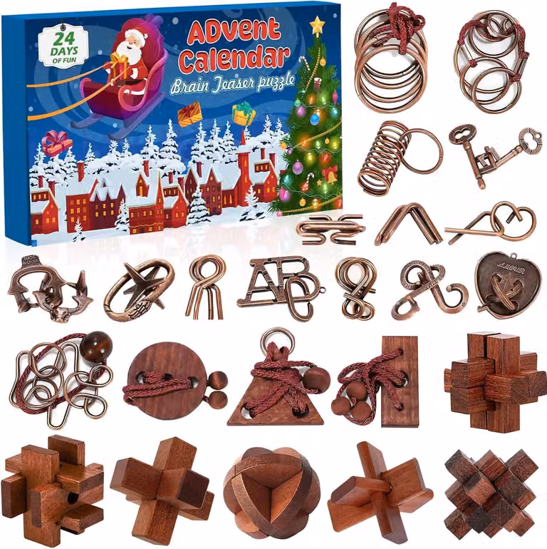 Calendario dell'Avvento 2025 per adulti e bambini - Calendario di Natale con 24 puzzle in legno e rompicapi in metallo - Regalo per test di intelligenza per ragazzi