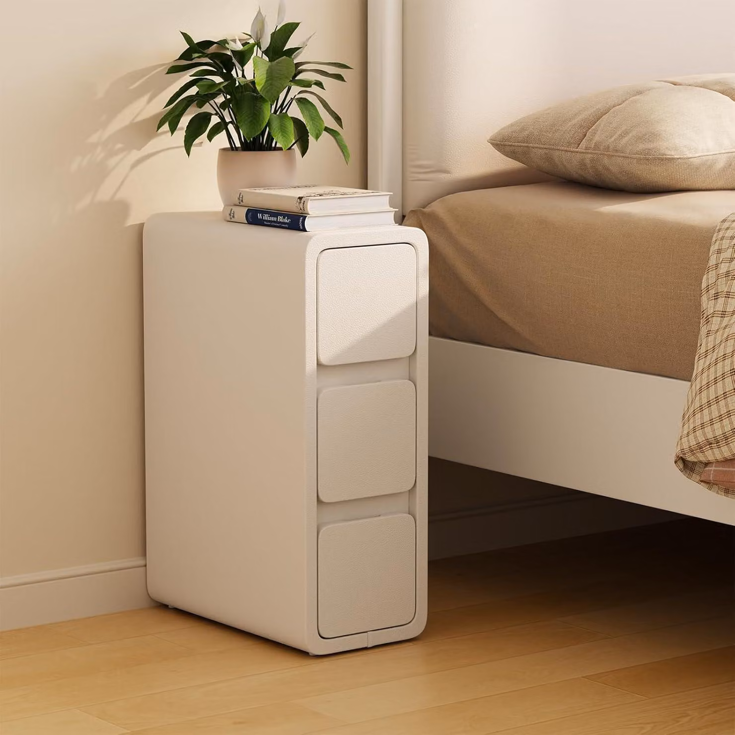 Comodino bianco con 2 cassetti piano in pelle 20 cm - AQIMUELE