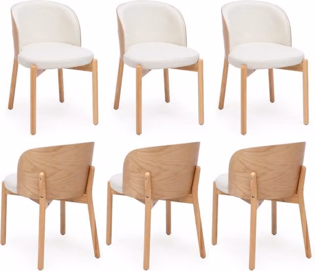 Set di 4 sedie da pranzo in legno massello di gomma con rivestimento in lino, schienale in impiallacciatura di frassino, colore legno naturale