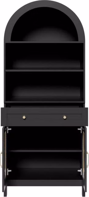 Armadio moderno con ante in rattan curvo, 170 cm altezza, 3 vani a vista, 2 ante e 1 cassetto, nero con finitura effetto legno, 70x40x170 cm