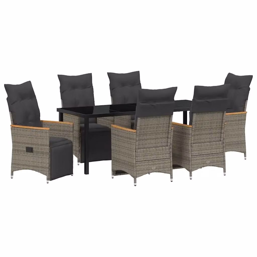 Set da pranzo per giardino e terrazzo vidaXL in polyrattan e legno di acacia con piano in vetro, 7 pezzi, grigio e marrone – 2