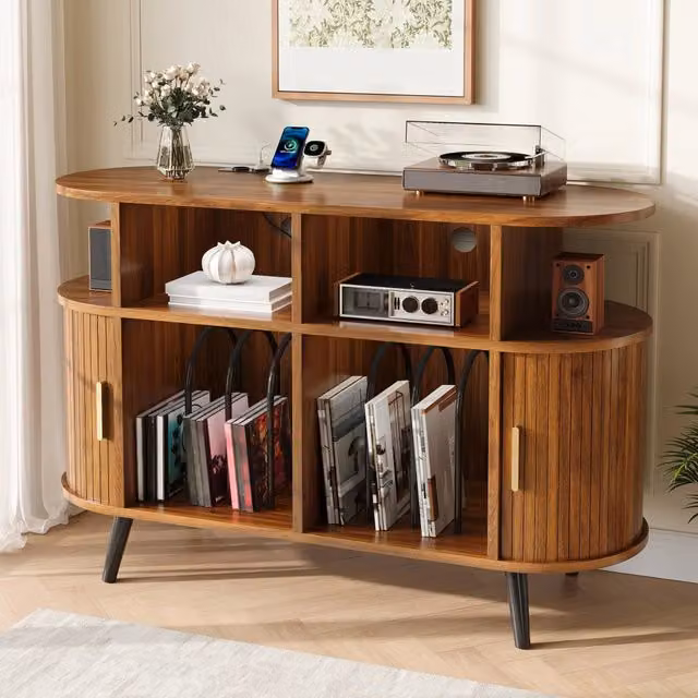 Mobile TV con 2 ante scorrevoli, 4 vani per vinili e ricarica integrata per stereo, in MDF noce, 110 × 40 × 76 cm