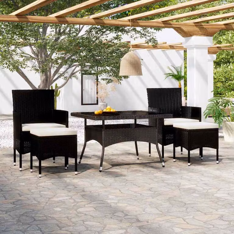 Set Pranzo da Giardino vidaXL 5 pz in Polyrattan e Vetro Temperato Nero