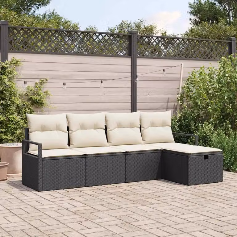 Set di divani da giardino vidaXL a forma di L con 5 posti, colore nero e beige, in rattan e metallo con cuscini inclusi