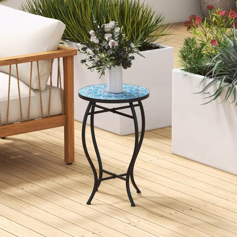 Set di 2 tavolini laterali rotondi Costway per giardino e terrazzo con piano in ceramica a mosaico blu e struttura in metallo, Diametro: 35 cm