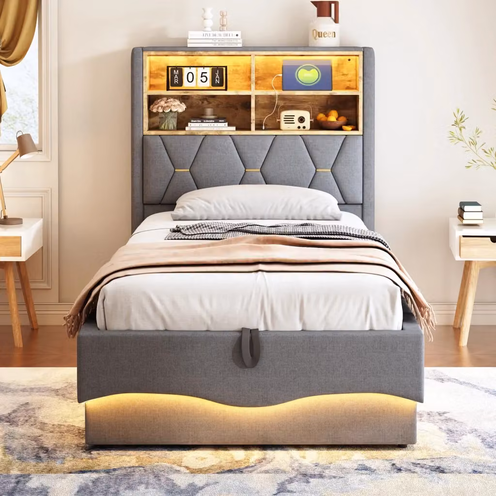 Letto Multifunzione REDOM Grigio con Vano Contenitore a Sollevamento, Illuminazione LED, Porta USB e Ripiano Integrato, L/P: 90 x 200 cm – 2