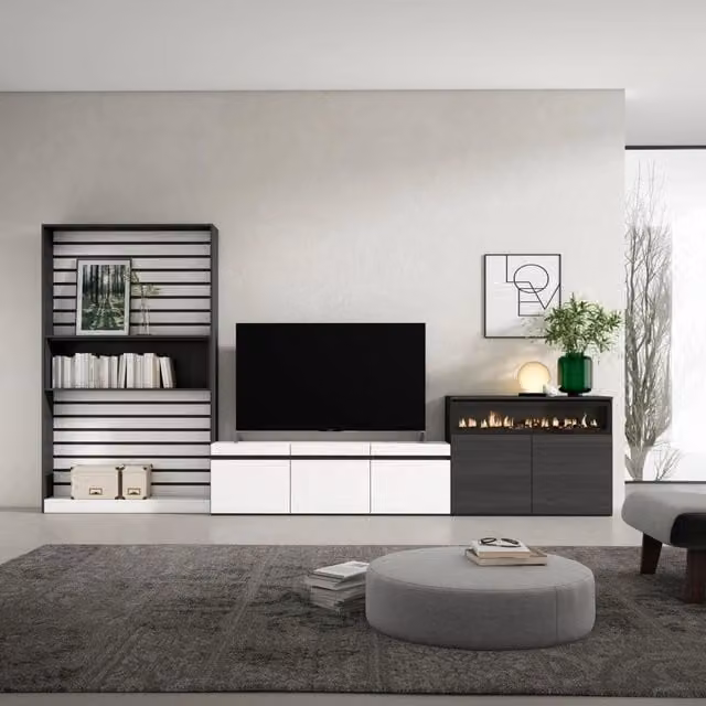 Mobile TV da soggiorno Skraut Home con camino elettrico e illuminazione integrata, Bianco e Nero, L: 360 cm, P: 35 cm, H: 186 cm – 1