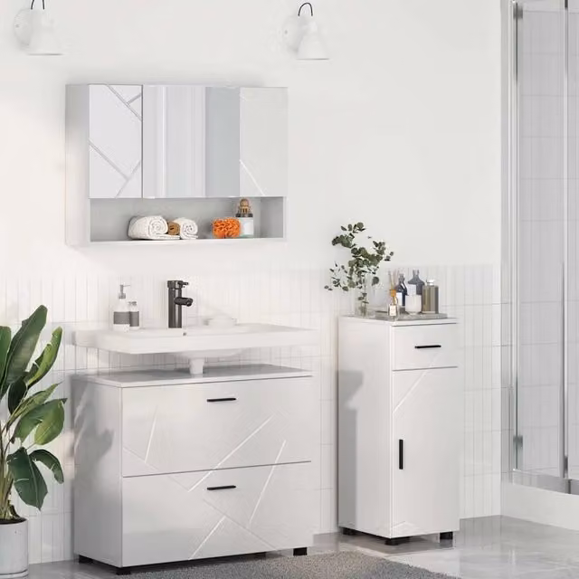 Set di mobili per il bagno moderno vidaXL in 3 pezzi Bianco Lucido L: 76,5 cm, P: 35 cm, H: 64 cm