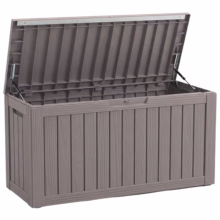 Floordirekt Box da giardino effetto legno resistente alle intemperie Box porta cuscini 300L marrone Box porta cuscini per terrazza, balcone e giardino