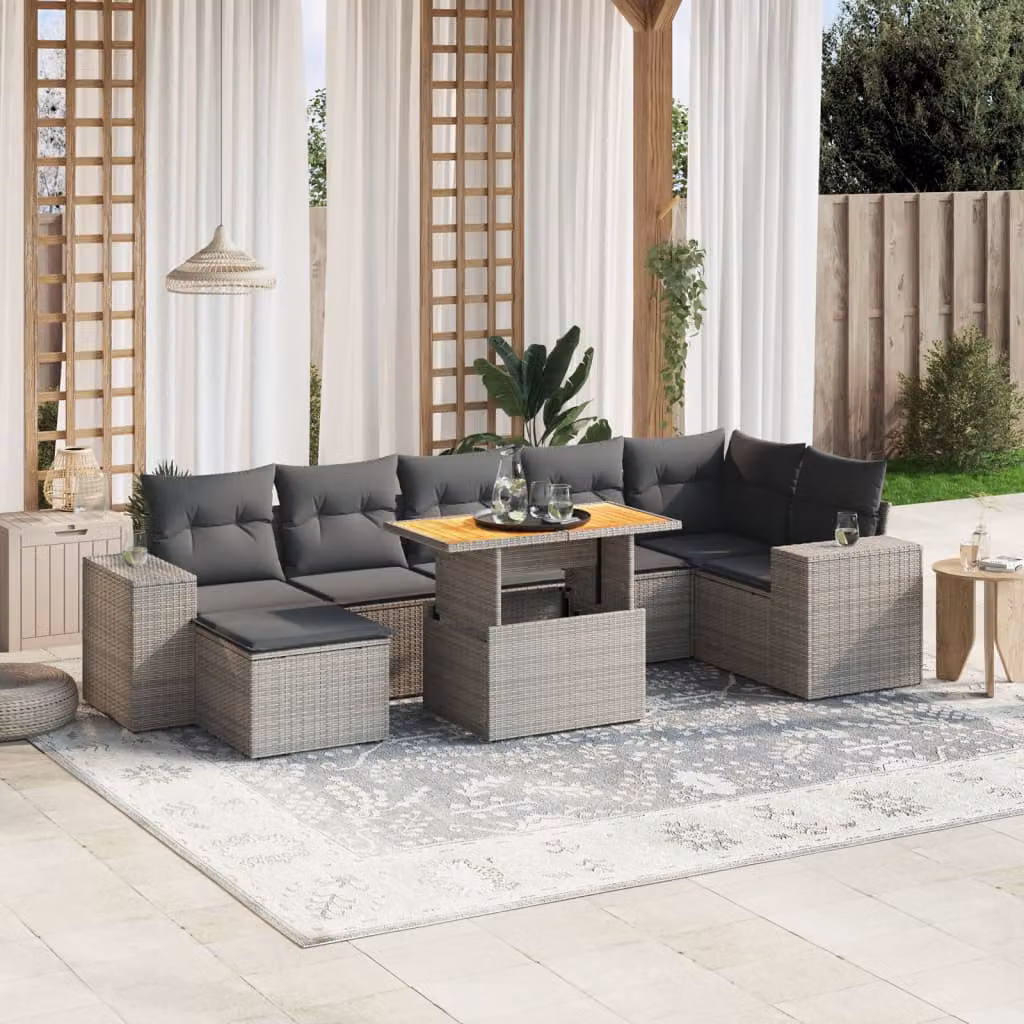 vidaXL Set Divano da Giardino 8 pz a L in Polyrattan e Legno di Acacia Grigio con Cuscini e Tavolino – 1