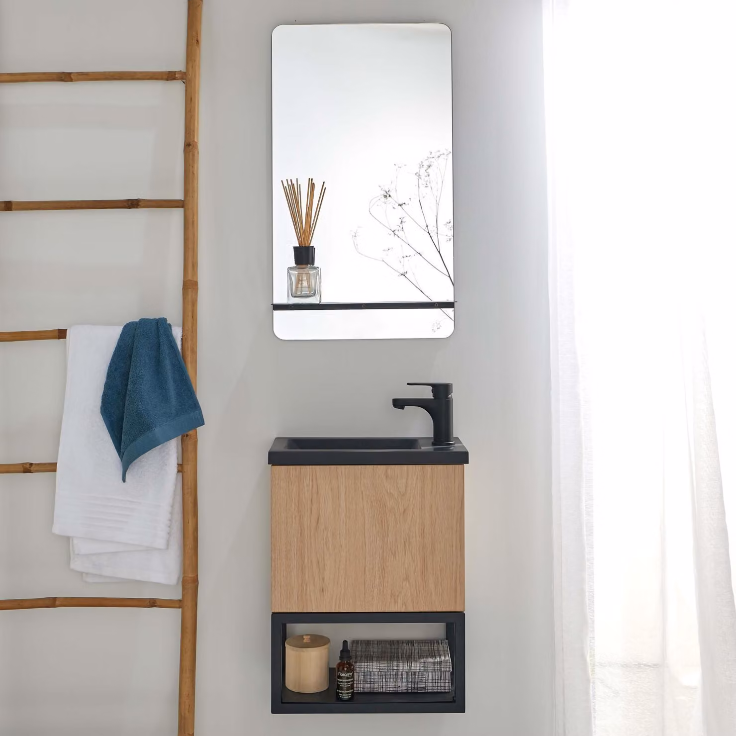 Set lavabo NOVA in metallo e legno con mensola e specchio