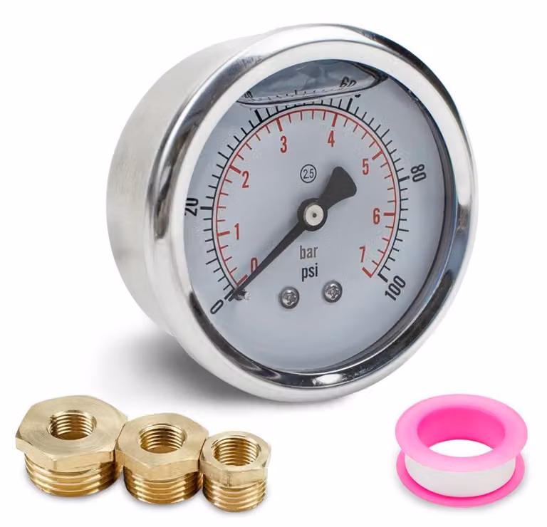 Manometro da 40 mm, attacco BSP 1/8", scala da 0 a 7 bar, completo di raccordo e nastro in teflon