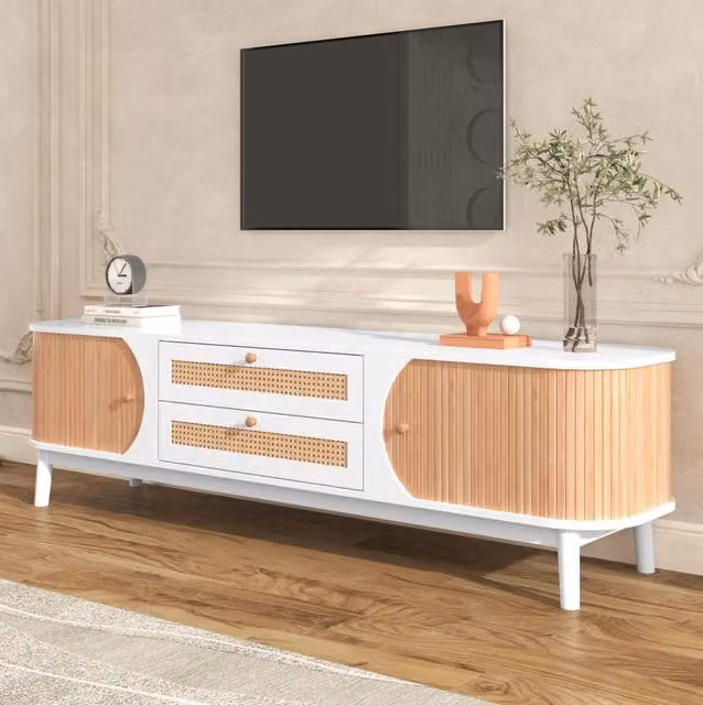 Mobile TV 170x39.5x46 cm; con ante e cassetti in rattan; MDF bianco